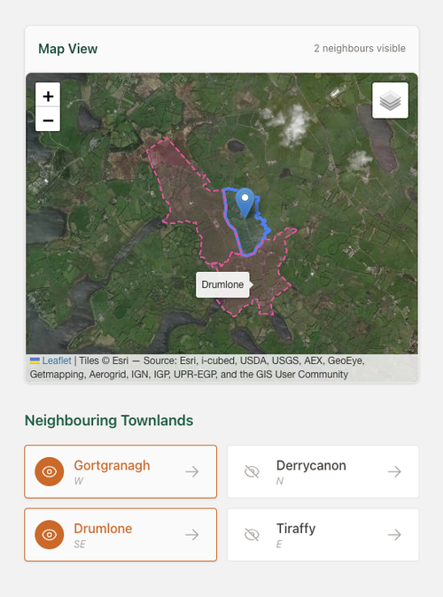 App screenshot showing neighbouring townlands