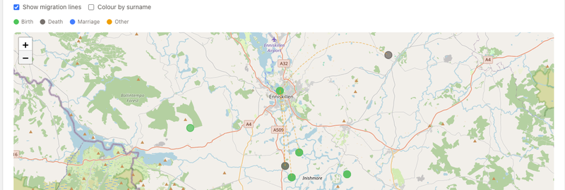 The Ancestor Map showing green birth markers and curved migration arcs across a map of Ireland