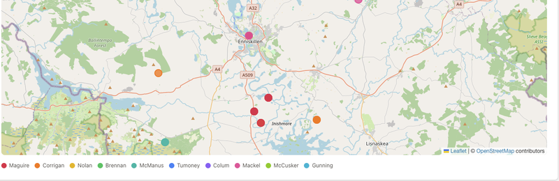 The Ancestor Map in 'Colour by surname' mode, showing markers in different colours with the surname legend below the map.