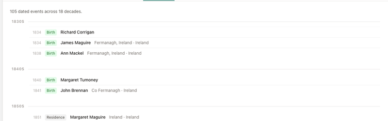 The Timeline tab showing events grouped by decade, with colour-coded event type badges and place names for each entry.