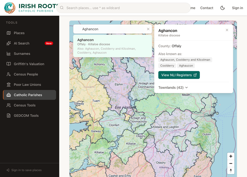 Open a parish to see its townlands and a direct link to the National Library of Ireland registers.