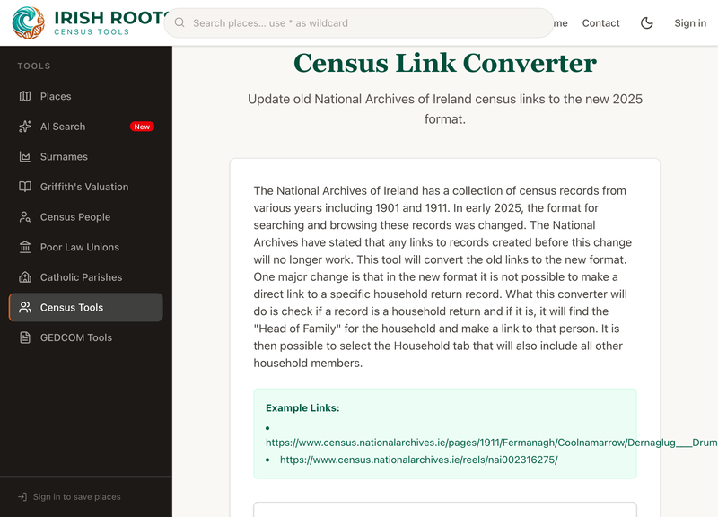 The Census Link Converter updates old National Archives links to the new 2025 format.