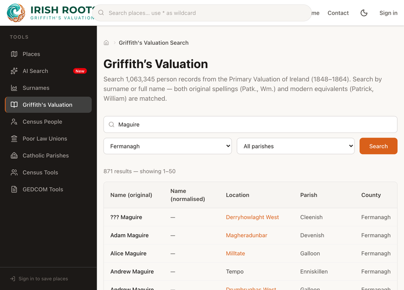 Searching Griffith's Valuation by surname, filtered to County Fermanagh.