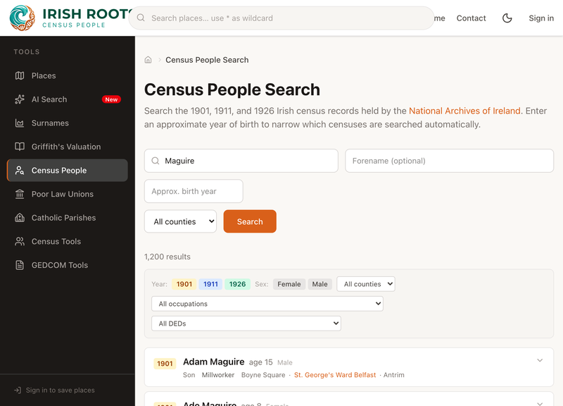 Search 1901, 1911 and 1926 together — an approximate year of birth picks the right censuses.