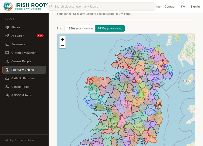 Flip between the 1830s and 1850s boundaries to see how the unions were redrawn after the Famine.
