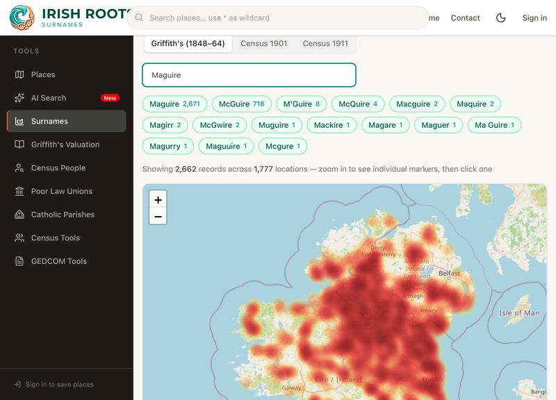 The surname Maguire mapped across Ireland — darker areas mark its heartland — with phonetic variants grouped above the map.