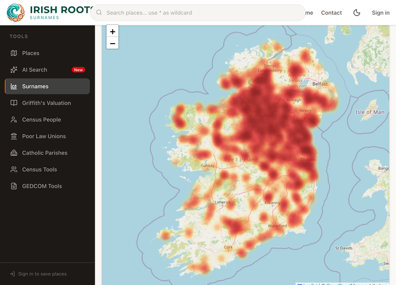 Zoom in and the heatmap resolves into the individual townlands where the name was recorded.